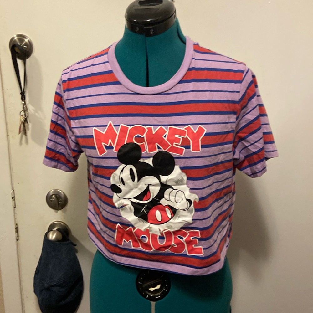 Disney Crop Top Med Mickey Mouse short sleeves striped